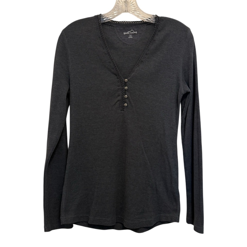 EDDIE BAUER  Dark Gray Ribbed Henley Long Sleeve Crochet Lace Trim Top Size S